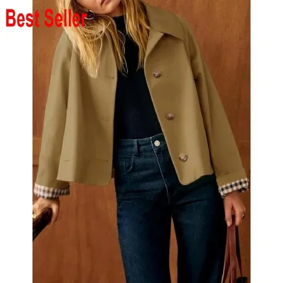 Cropped Trench Coat Oversized Chic Classic Button Down Lapel Jacket - Picture 3 of 8